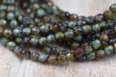 4mm Czech Faceted Round Firepolished Bead Amber and Tea Green with Picasso Finish, 50pc